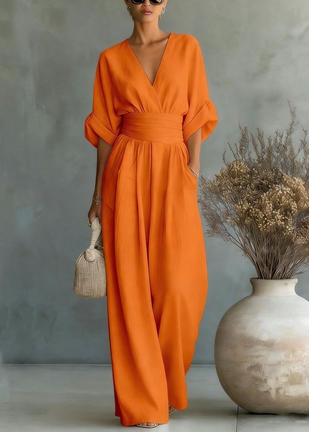 French White V Neck Silm Fit Linen Jumpsuit Summer