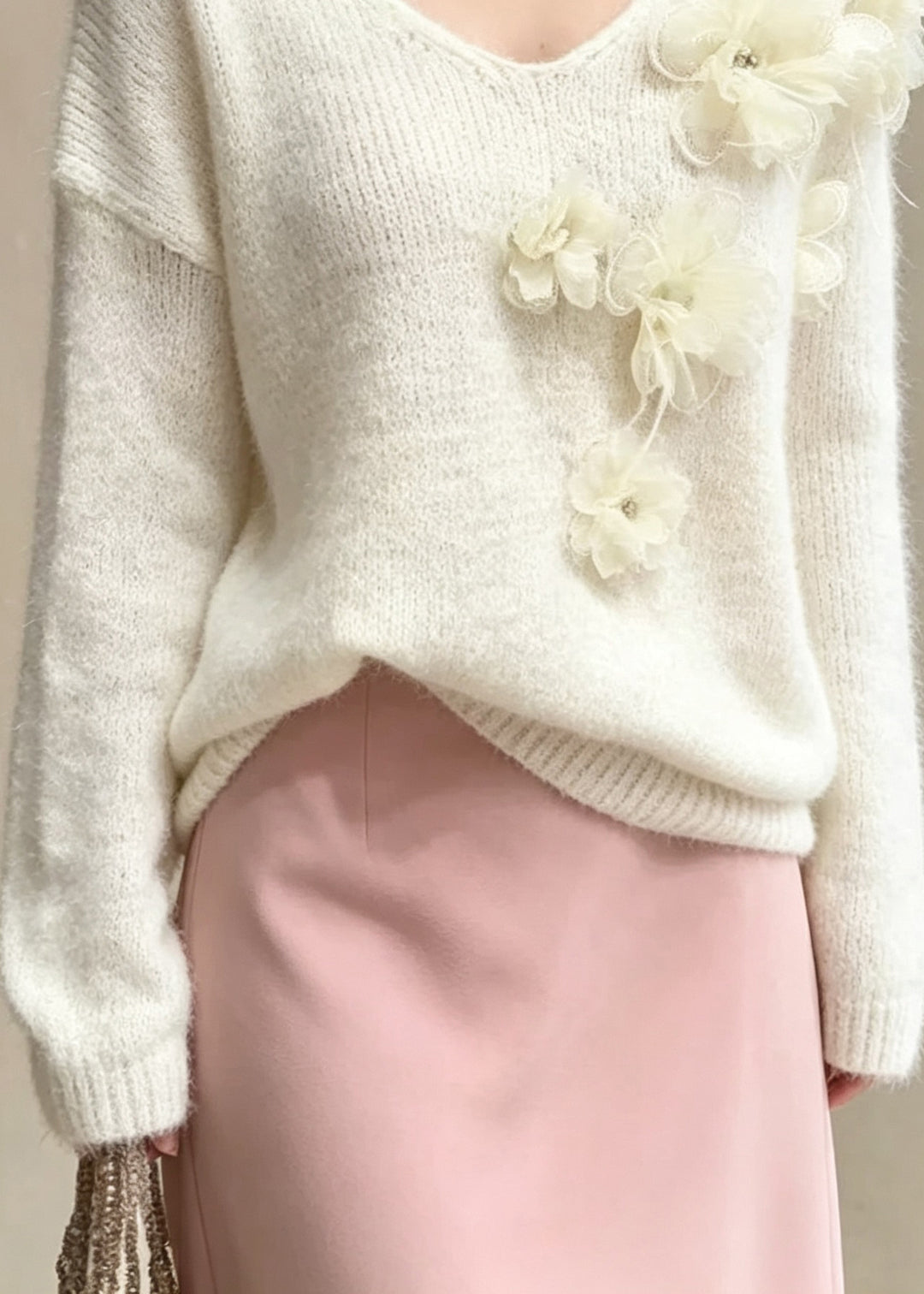 French White V Neck Thick Floral Knit Sweaters Top Fall