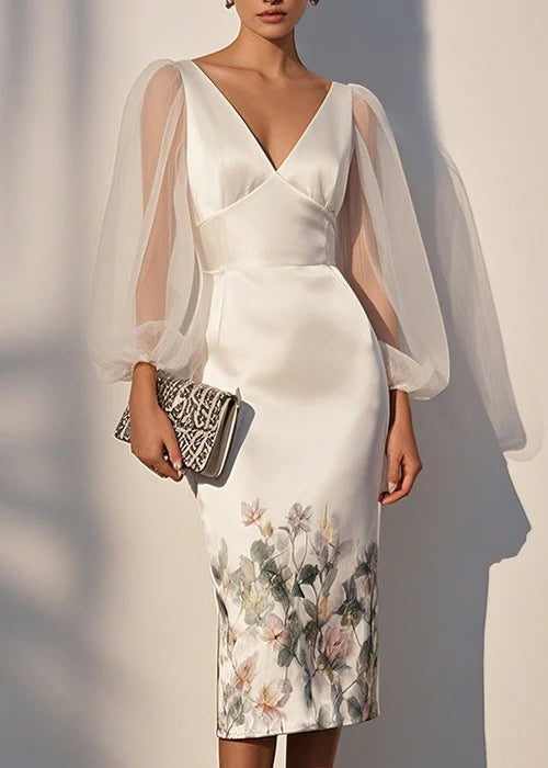 French White V Neck Tulle Patchwork Silk Dresses Lantern Sleeve