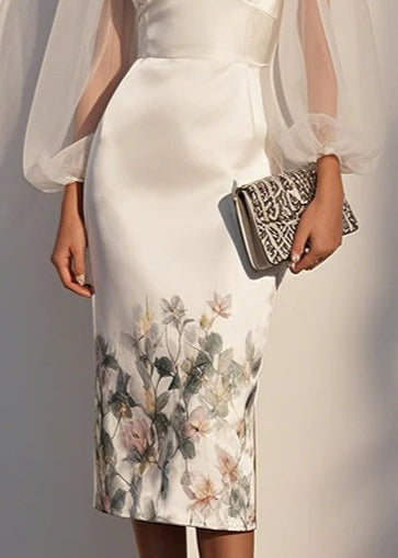 French White V Neck Tulle Patchwork Silk Dresses Lantern Sleeve