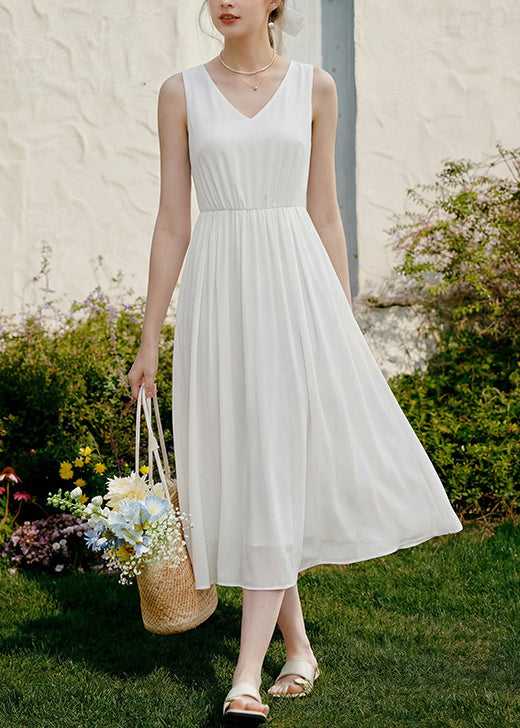 French White V Neck Wrinkled Patchwork Chiffon Long Dress Sleeveless