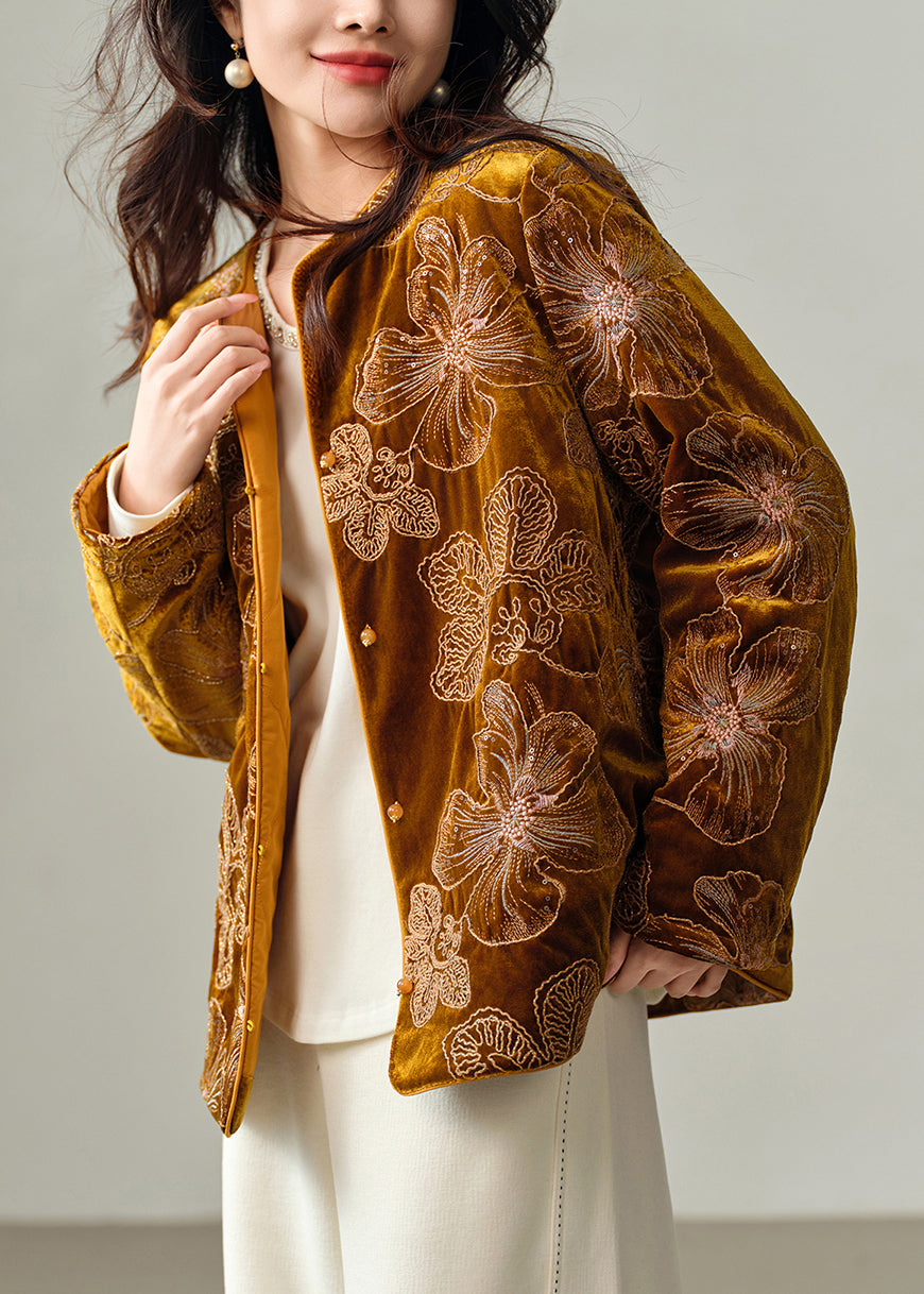 French Yellow Embroidered Fine Cotton Filled Silk Velvet Jacket Winter