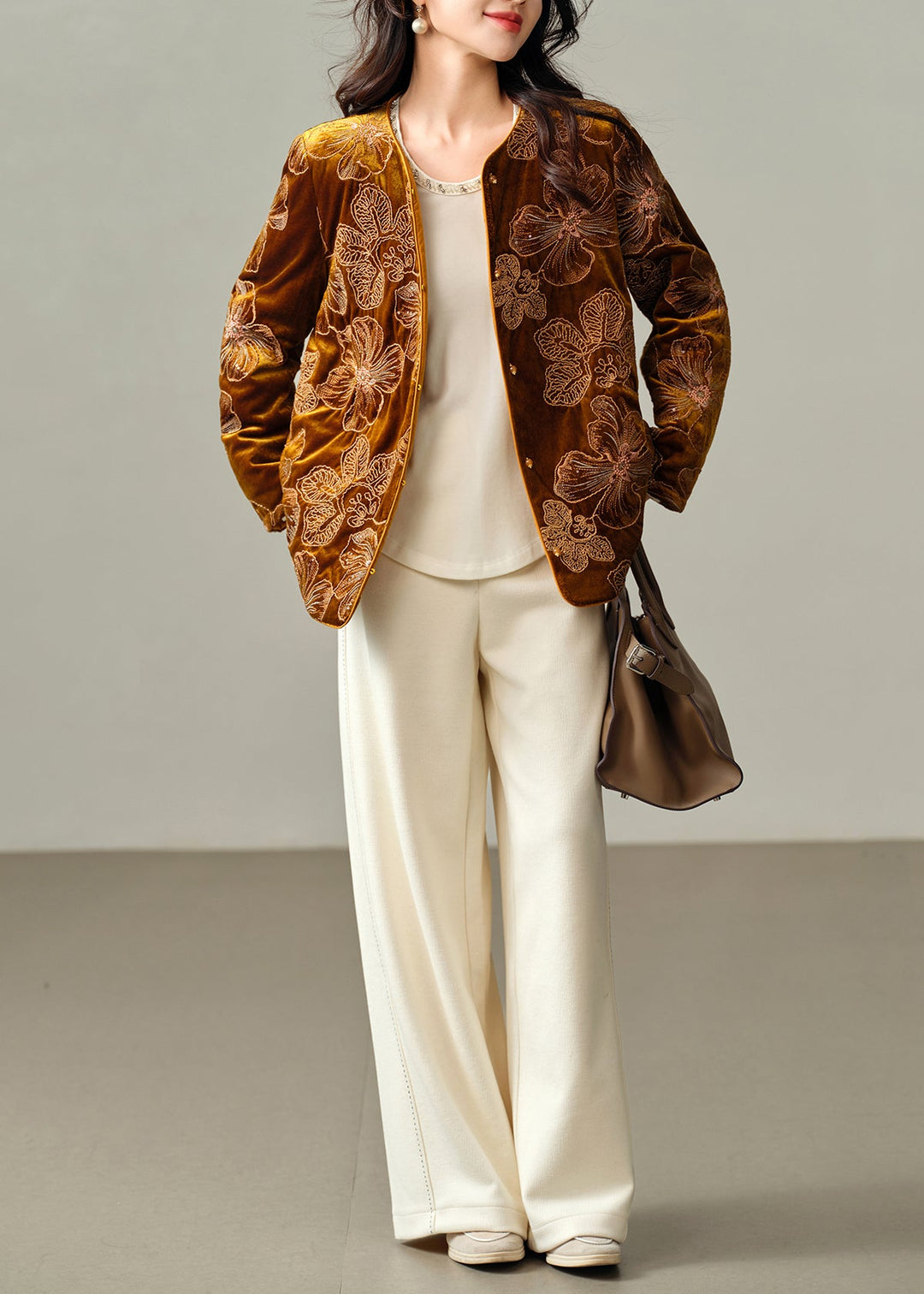 French Yellow Embroidered Fine Cotton Filled Silk Velvet Jacket Winter