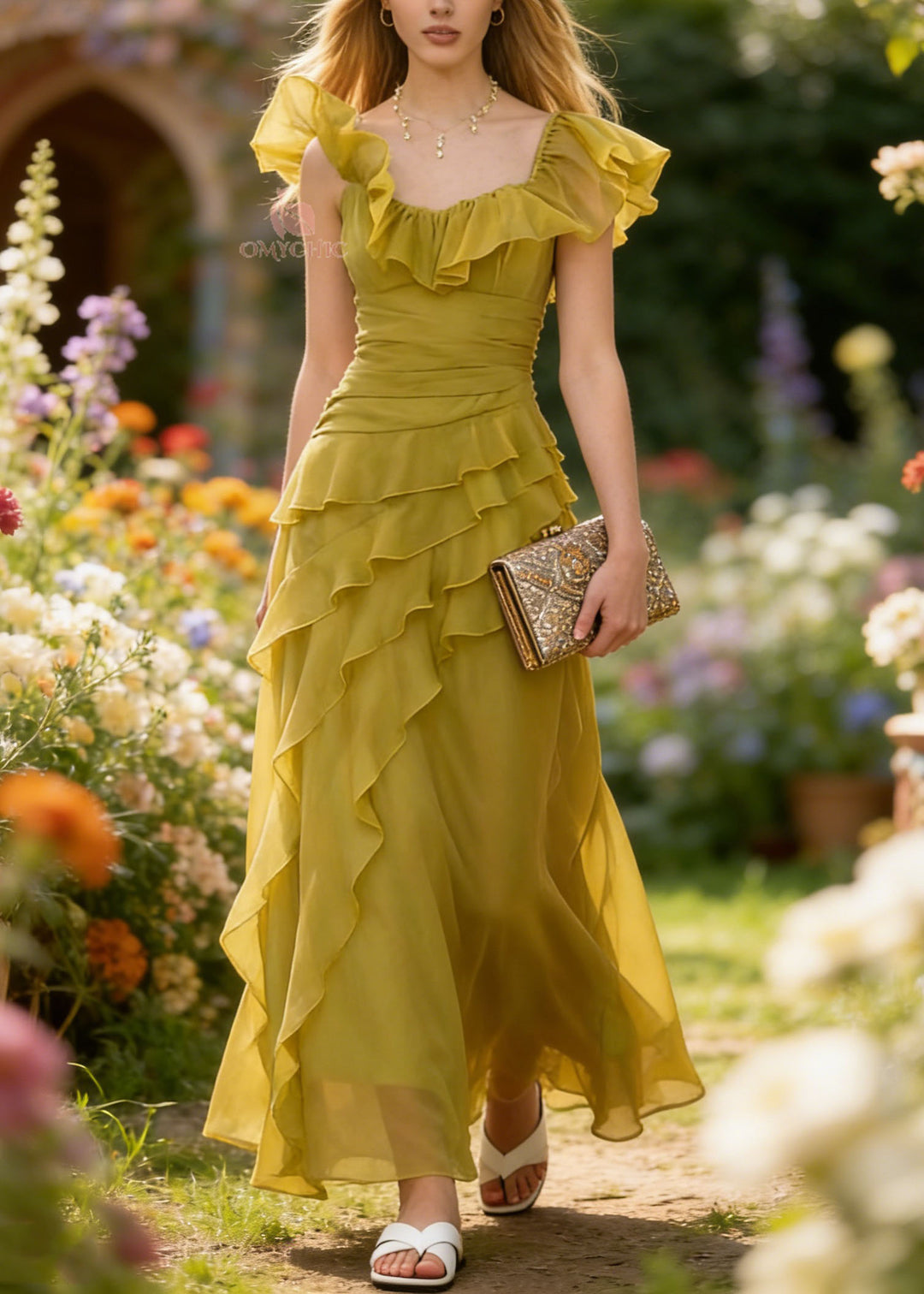 French Yellow Green Ruffled Patchwork Chiffon Dresses Summer