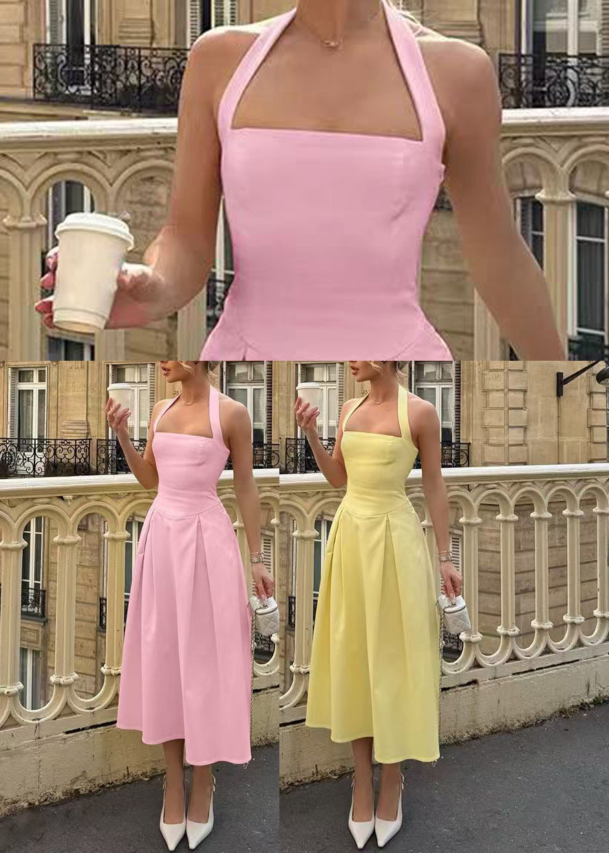 French Yellow Halter Backless Cotton Dresses Summer