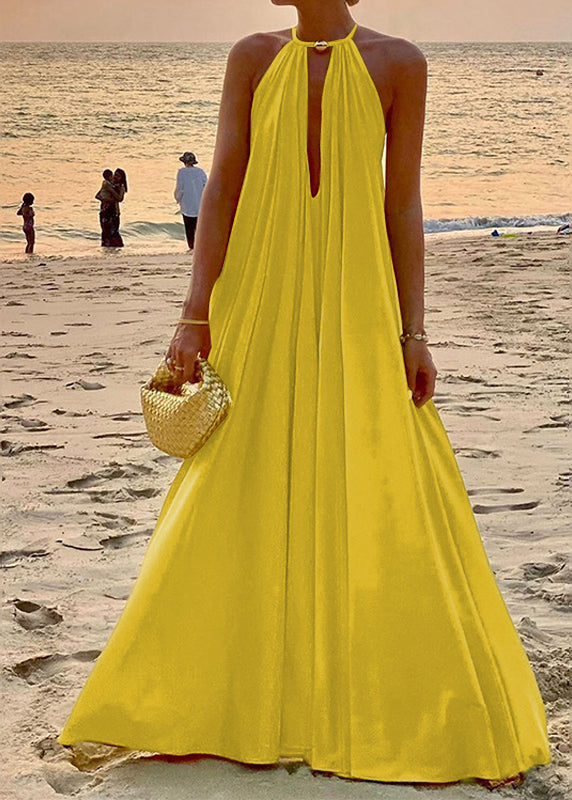 French Yellow Halter Wrinkled Silk Long Dresses Sleeveless