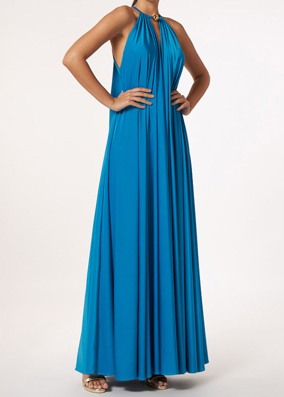 French Yellow Halter Wrinkled Silk Long Dresses Sleeveless
