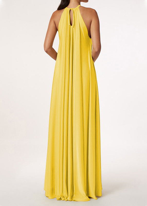 French Yellow Halter Wrinkled Silk Long Dresses Sleeveless