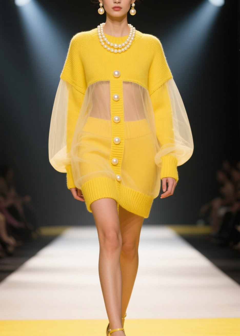French Yellow O Neck Tulle Patchwork Knit Dress Fall