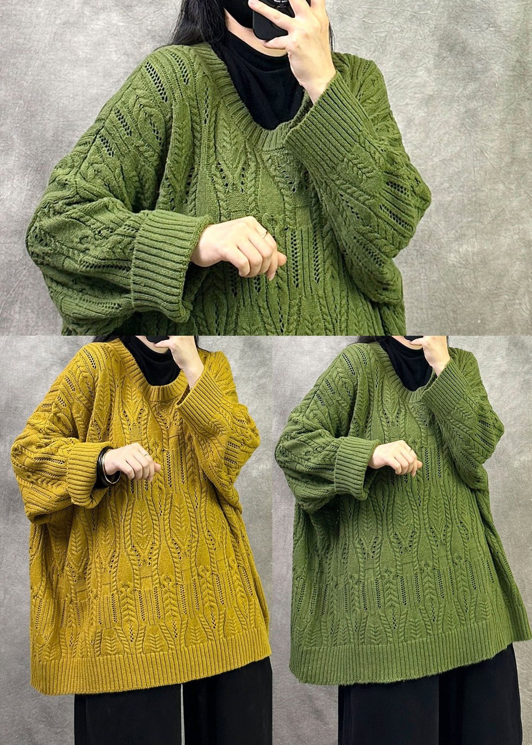 French Yellow Oversized Cable Knit Sweater Winter