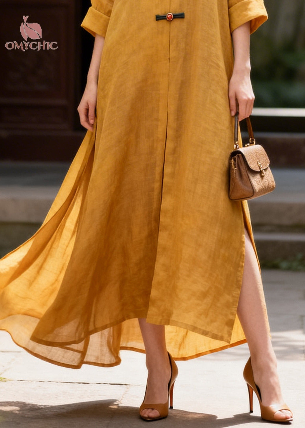 French Yellow Oversized Chinese Button Cotton Long Dress Summer