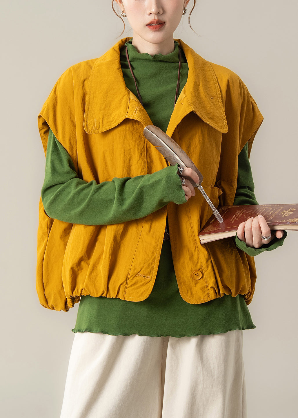 French Yellow Oversized Pockets Cotton Vests Spring