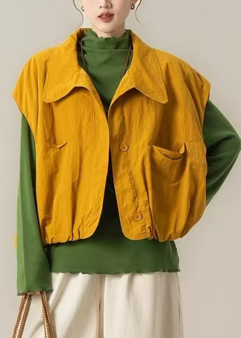 French Yellow Oversized Pockets Cotton Vests Spring