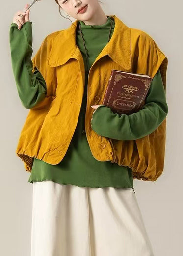 French Yellow Oversized Pockets Cotton Vests Spring