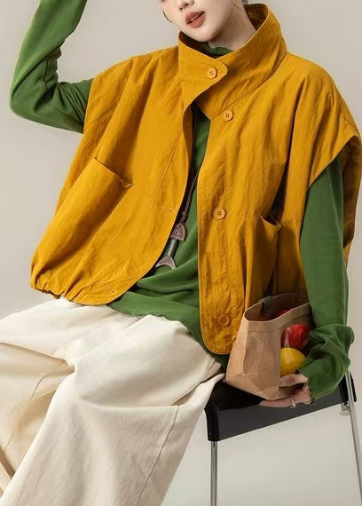 French Yellow Oversized Pockets Cotton Vests Spring