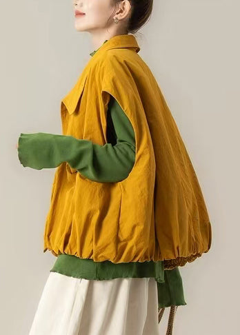 French Yellow Oversized Pockets Cotton Vests Spring