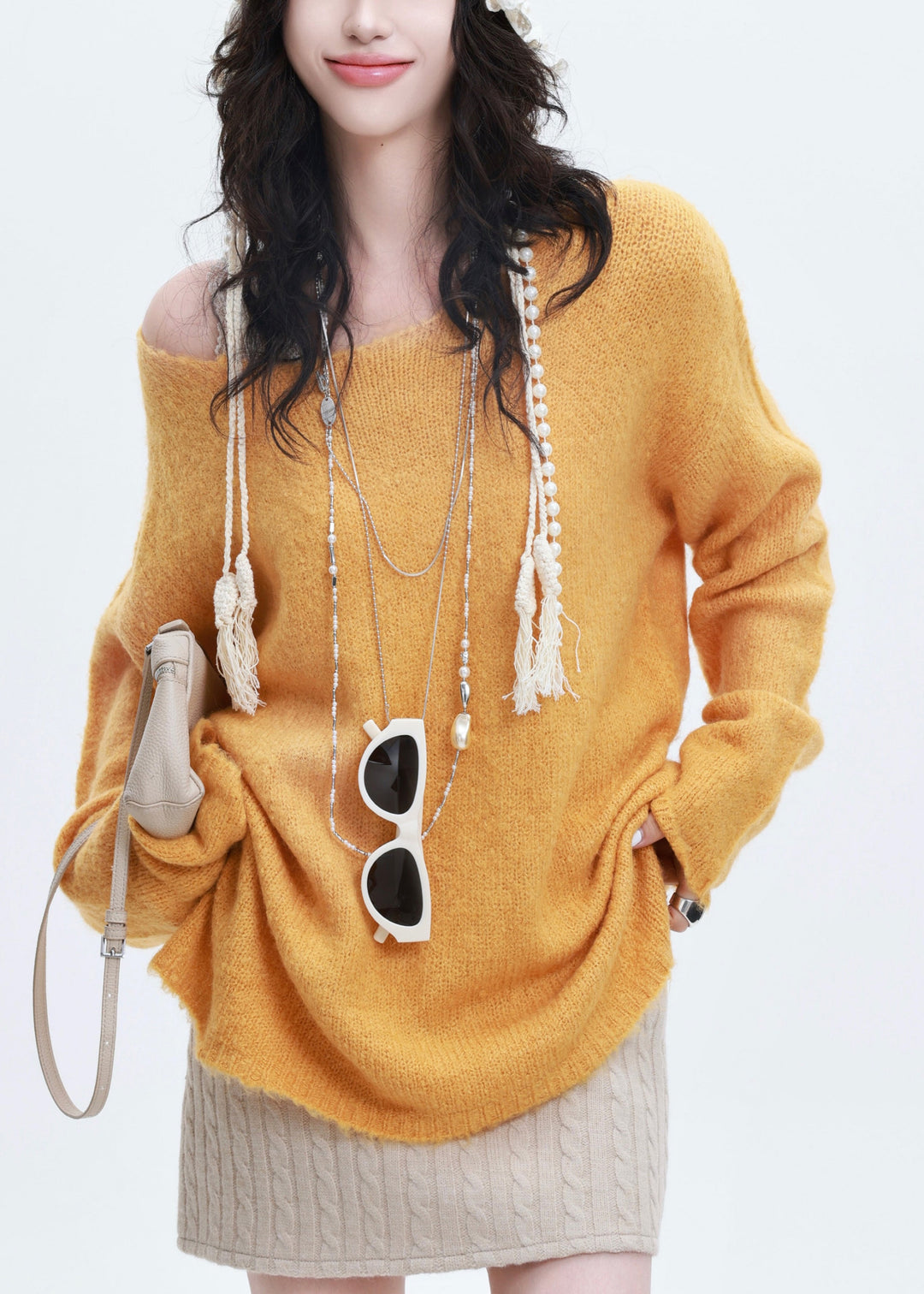 French Yellow Oversized Warm Knit Sweater Tops Winter