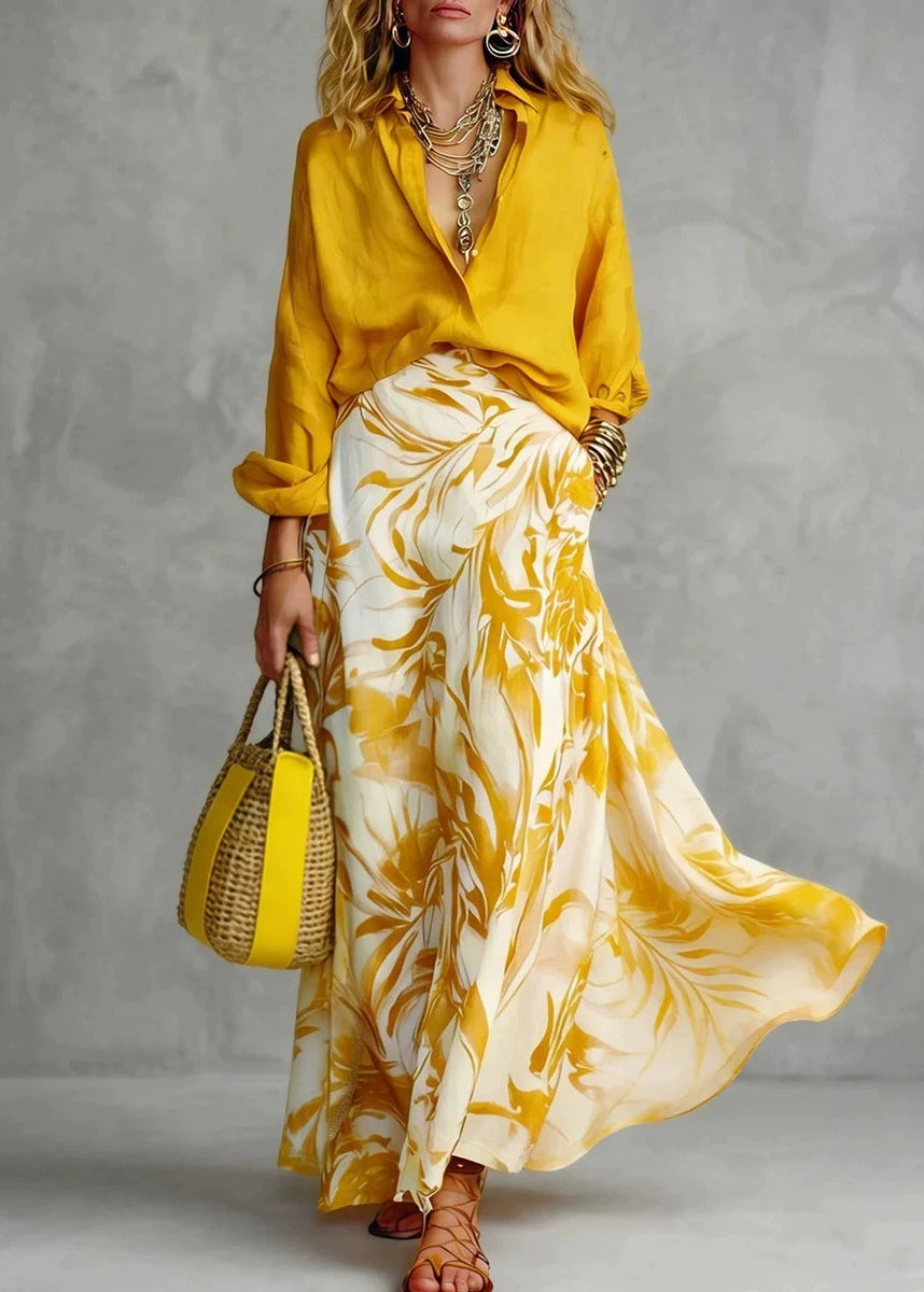 French Yellow Peter Pan Collar Print Shirts And Maxi Skirts Two Piece Set Fall
