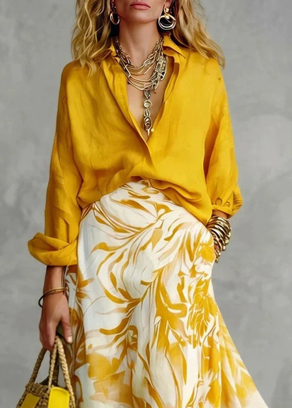 French Yellow Peter Pan Collar Print Shirts And Maxi Skirts Two Piece Set Fall