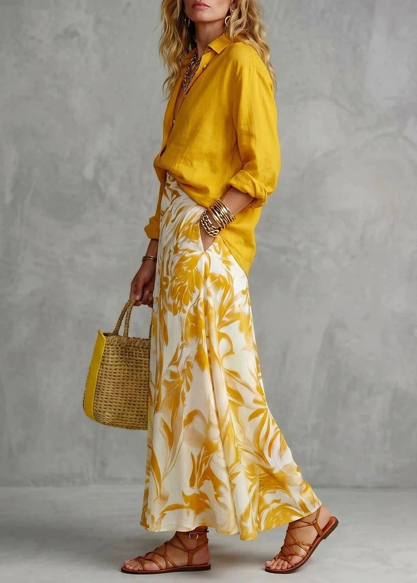 French Yellow Peter Pan Collar Print Shirts And Maxi Skirts Two Piece Set Fall