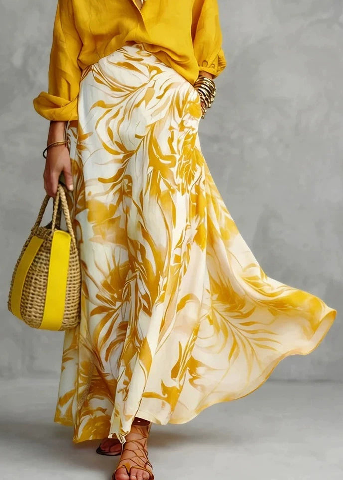 French Yellow Peter Pan Collar Print Shirts And Maxi Skirts Two Piece Set Fall