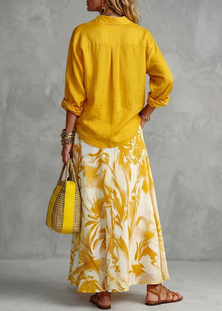 French Yellow Peter Pan Collar Print Shirts And Maxi Skirts Two Piece Set Fall