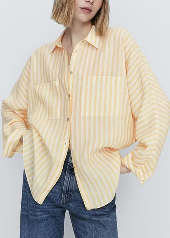 French Yellow Peter Pan Collar Striped Pockets Cotton Shirts Long Sleeve