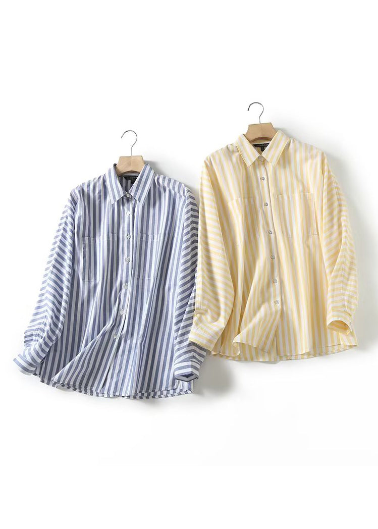 French Yellow Peter Pan Collar Striped Pockets Cotton Shirts Long Sleeve