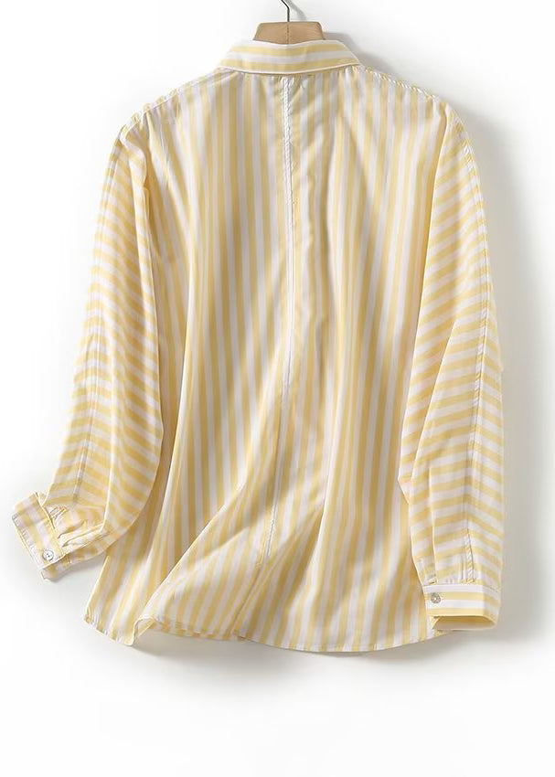 French Yellow Peter Pan Collar Striped Pockets Cotton Shirts Long Sleeve