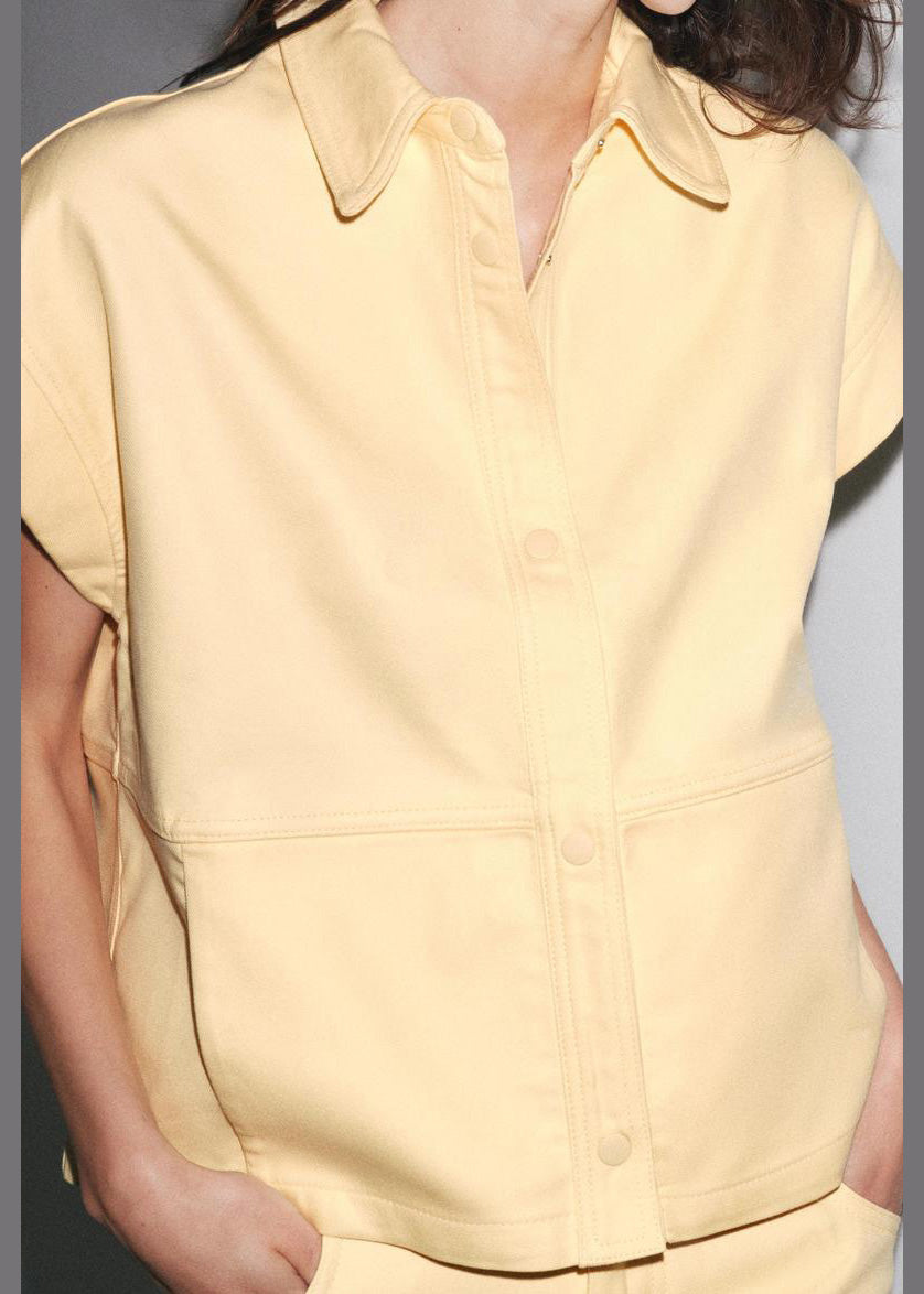 French Yellow Peter Pan Collar Tops And Pants Cotton Two Pieces Set Summer