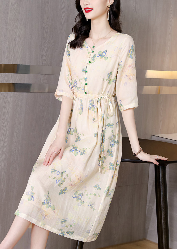 French Yellow Print Lace Up Pockets Linen Dresses Half Sleeve