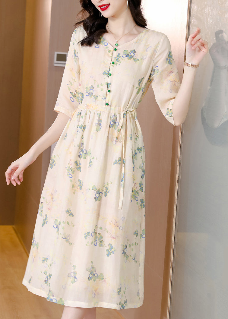 French Yellow Print Lace Up Pockets Linen Dresses Half Sleeve