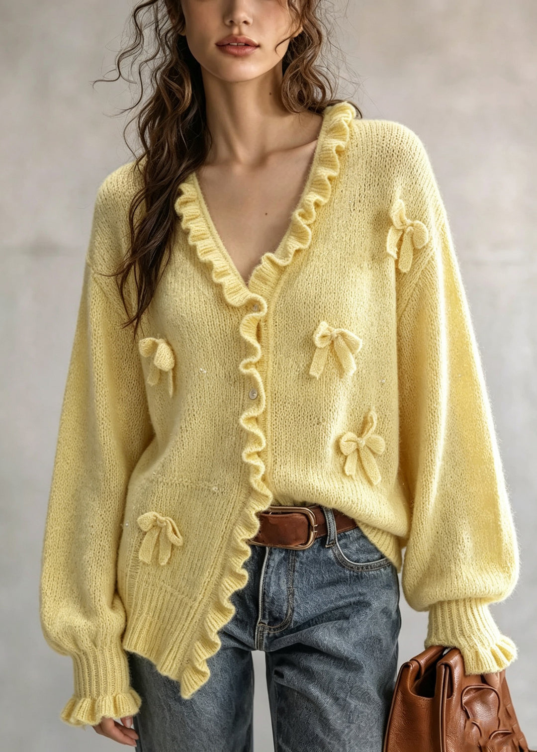 French Yellow Ruffled Bow Patchwork Knit Sweater Cardigans Fall