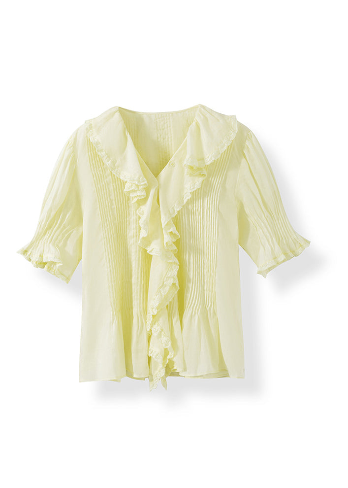 French Yellow Ruffled Lace Patchwork Linen Top Summer