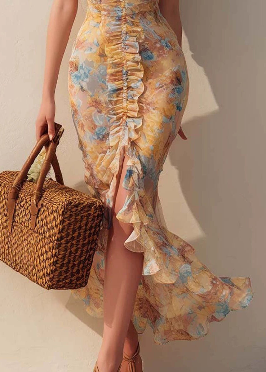 French Yellow Ruffled Print Patchwork Chiffon Dresses Summer