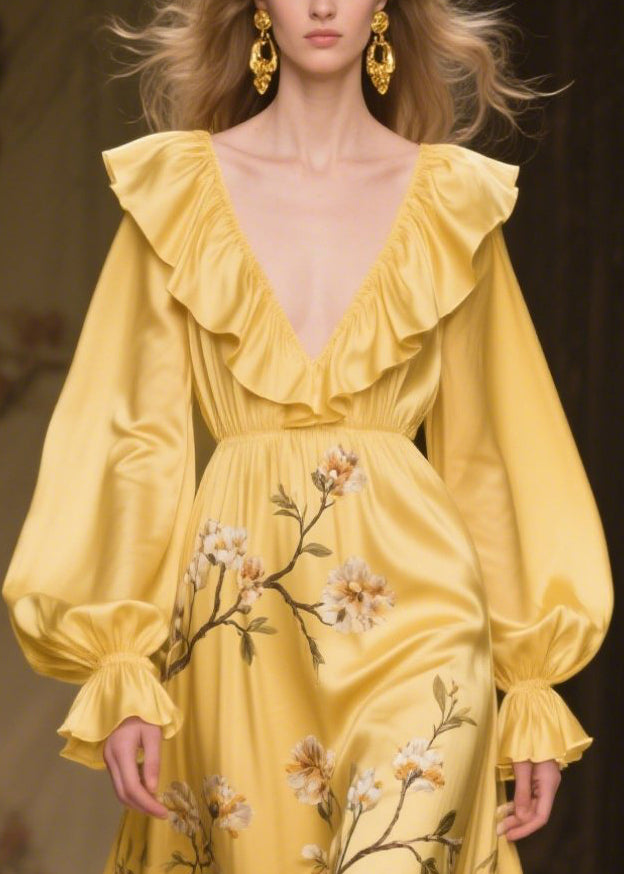 French Yellow Ruffled Print Silk Party Dress Fall