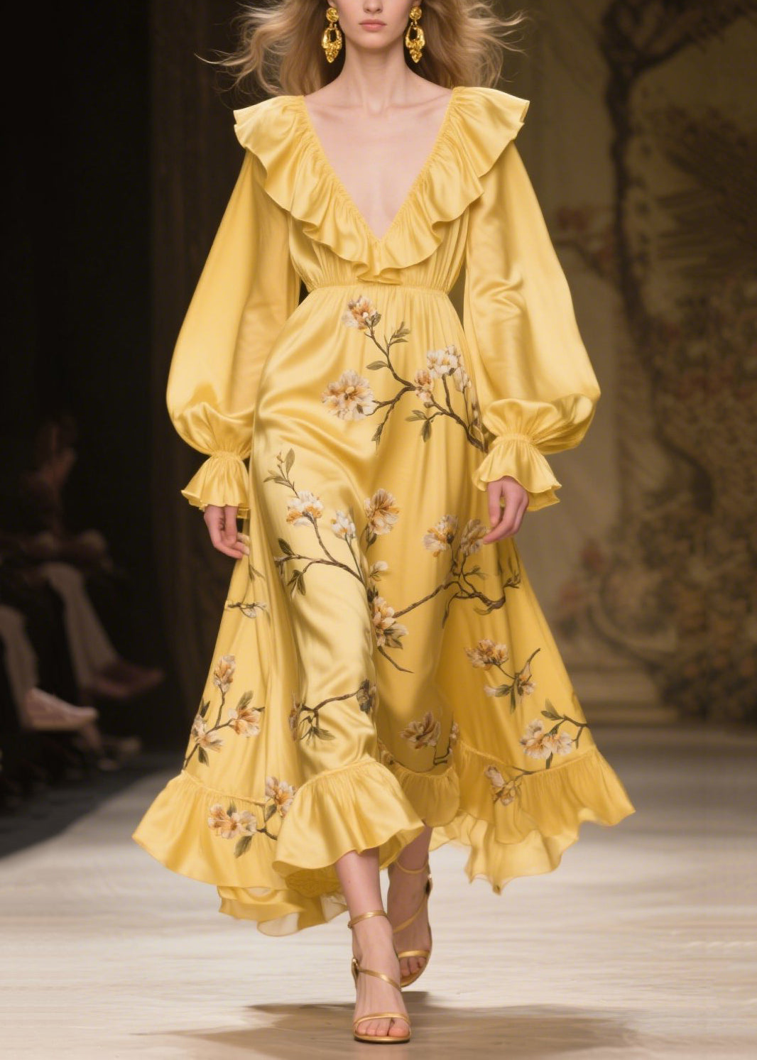 French Yellow Ruffled Print Silk Party Dress Fall