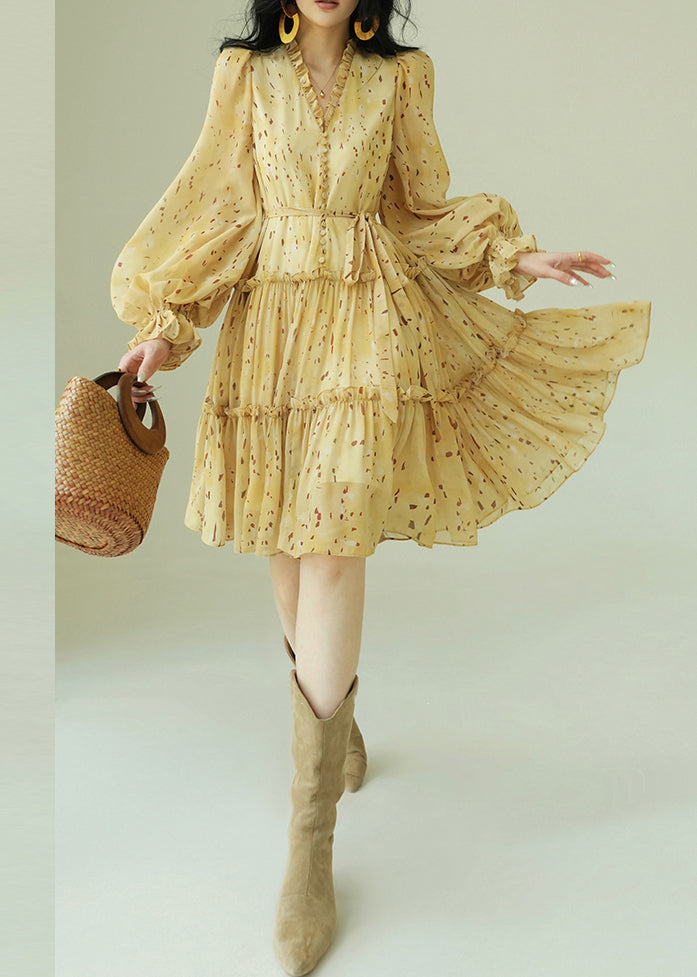French Yellow Ruffled Print Tie Waist Chiffon Dress Fall