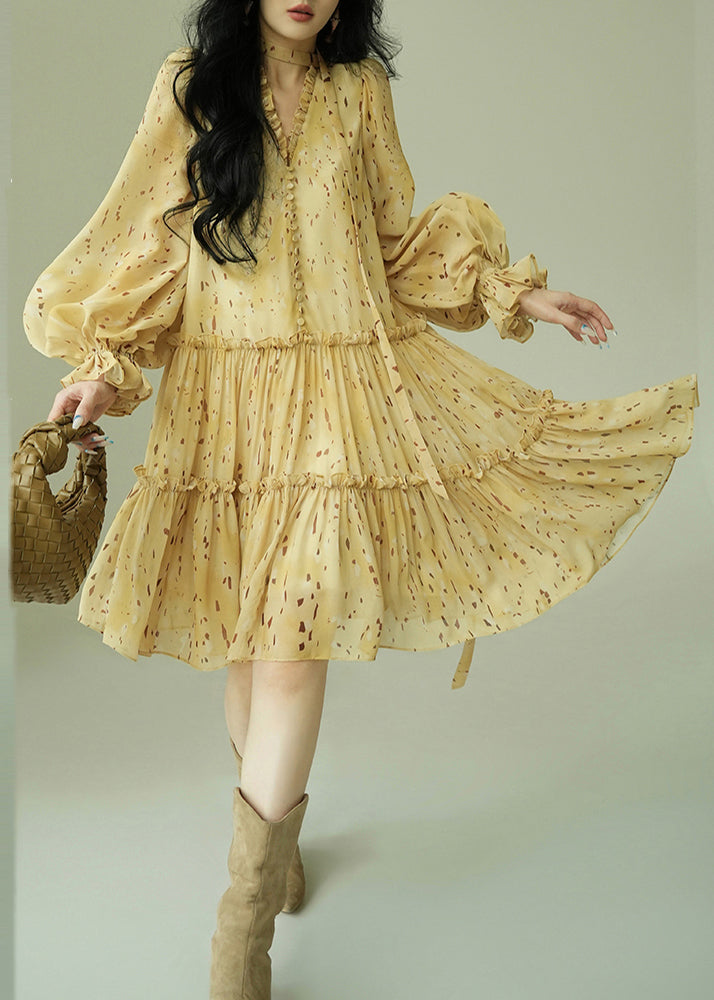 French Yellow Ruffled Print Tie Waist Chiffon Dress Fall