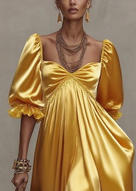 French Yellow Sequins Patchwork Exra Large Hem Silk Ankle Dress Summer