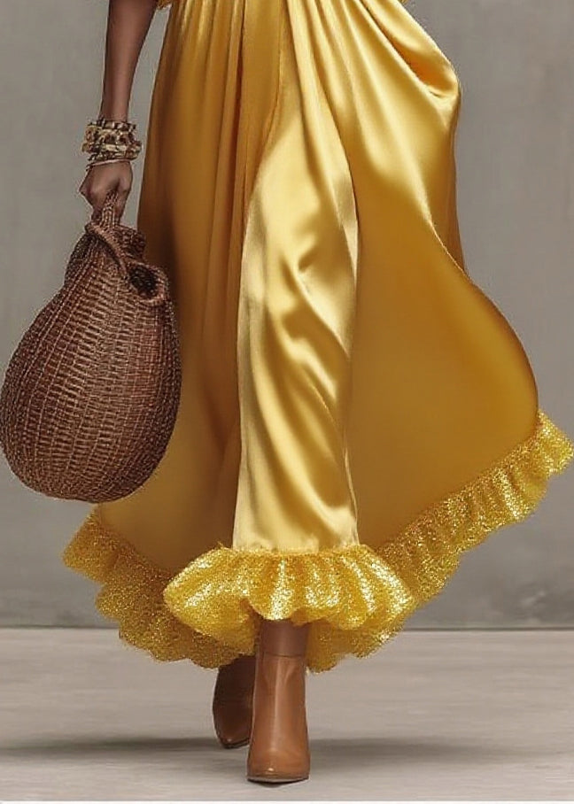 French Yellow Sequins Patchwork Exra Large Hem Silk Ankle Dress Summer