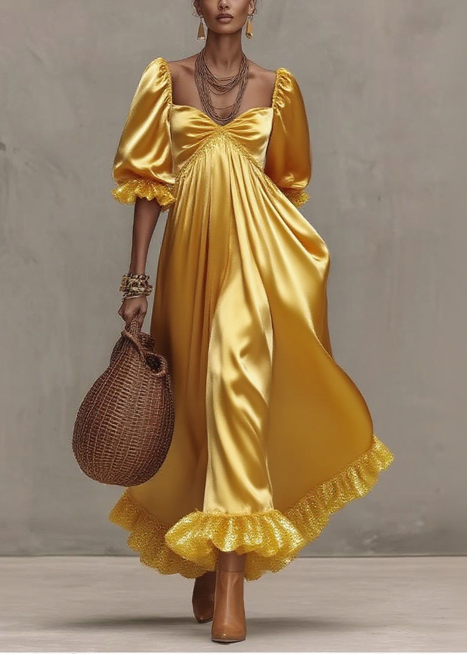 French Yellow Sequins Patchwork Exra Large Hem Silk Ankle Dress Summer