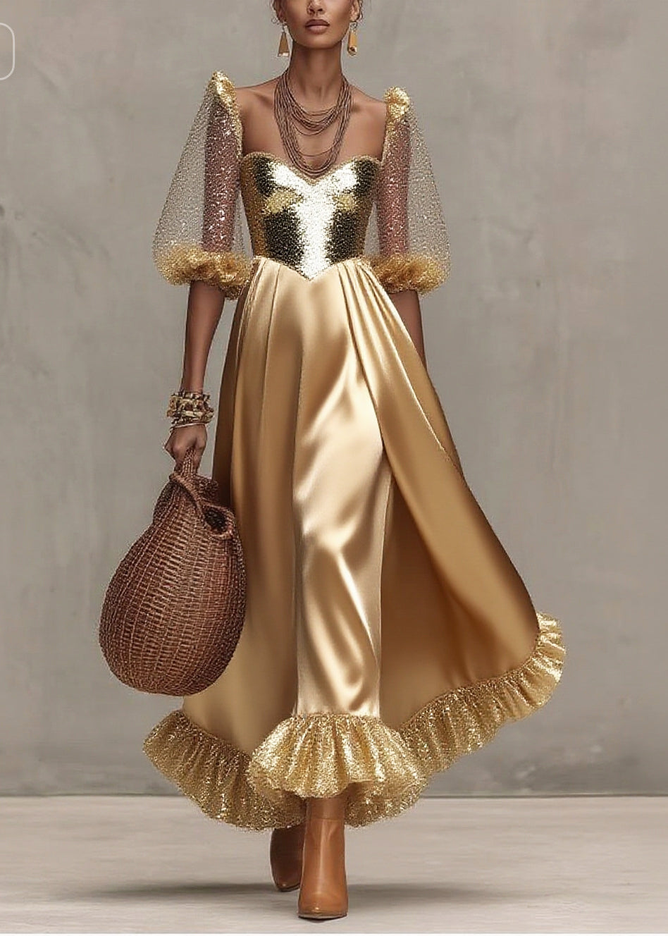 French Yellow Sequins Patchwork Exra Large Hem Silk Evening Dress Summer