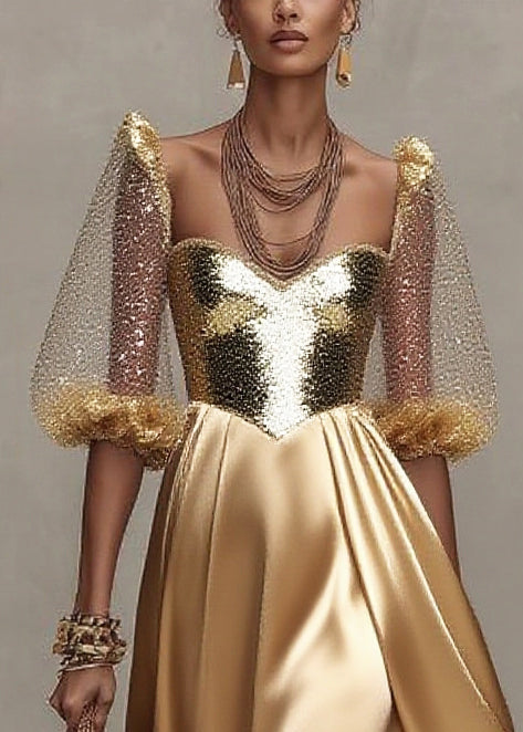 French Yellow Sequins Patchwork Exra Large Hem Silk Evening Dress Summer