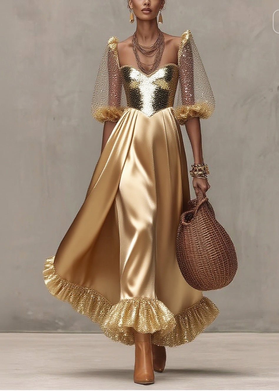 French Yellow Sequins Patchwork Exra Large Hem Silk Evening Dress Summer