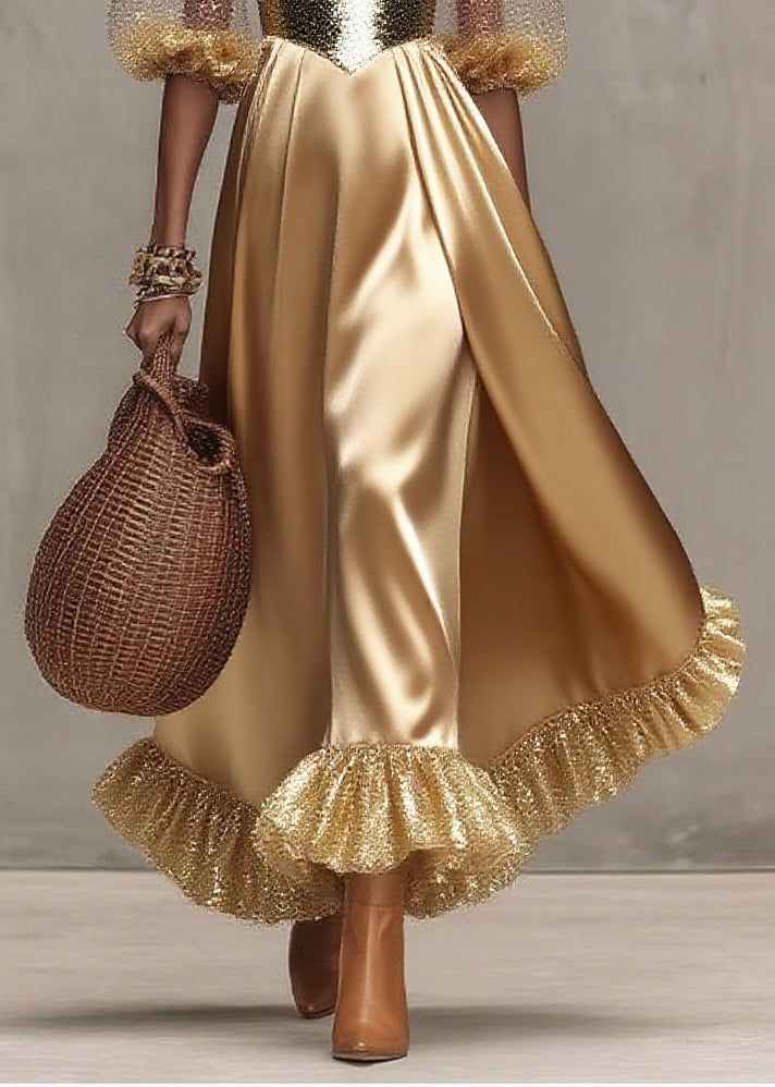 French Yellow Sequins Patchwork Exra Large Hem Silk Evening Dress Summer