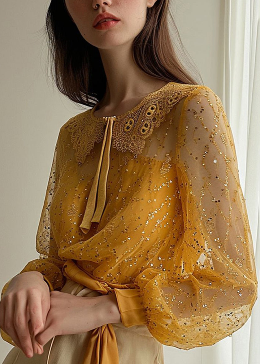 French Yellow Sequins Patchwork Tulle Shirt Long Sleeve
