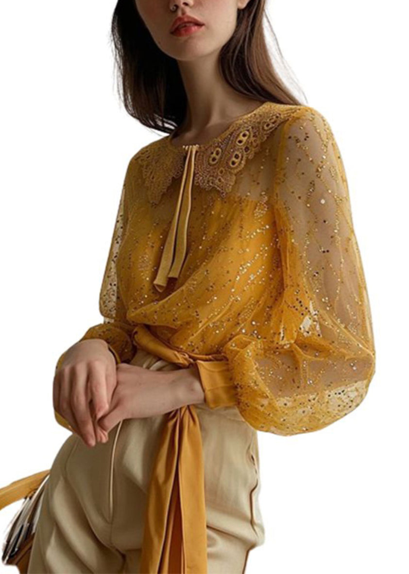 French Yellow Sequins Patchwork Tulle Shirt Long Sleeve