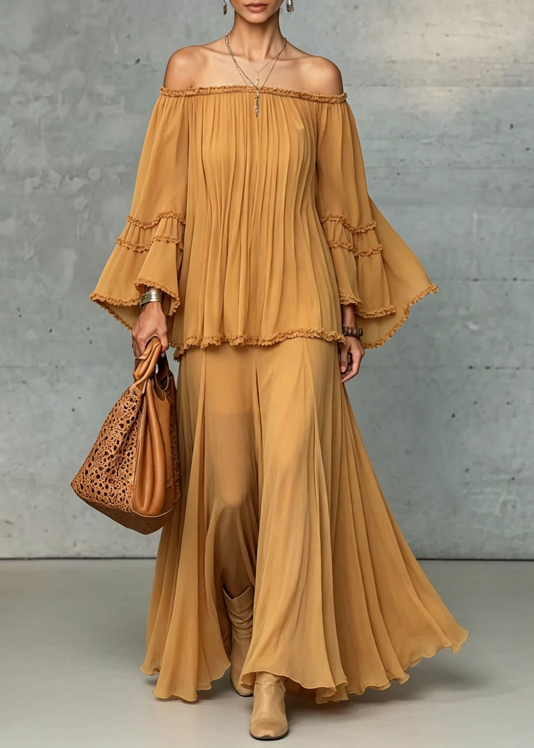 French Yellow Slash Neck Patchwork Chiffon Women Sets 2 Pieces Summer