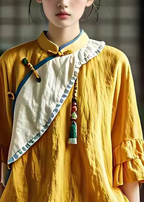 French Yellow Stand Collar Button Cotton Shirts Flare Sleeve